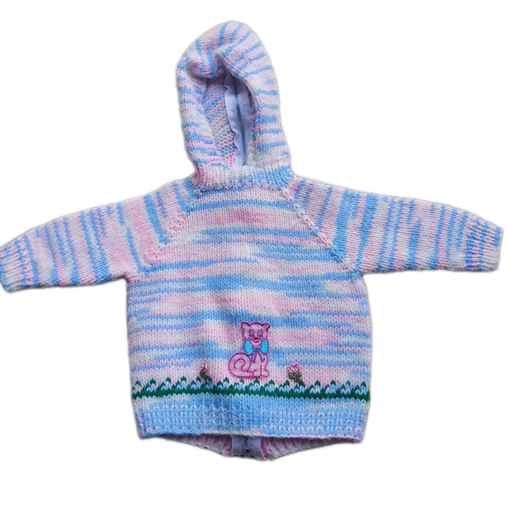 Vintage Kitty Zip Hooded Sweater White Blue Pink